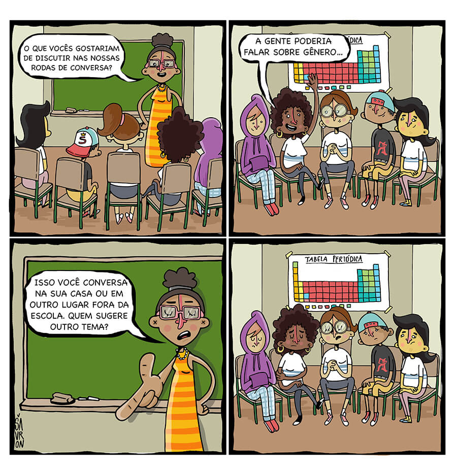 charge de crianças na sala de aula e a professora pergunta qual seria o assunto para discutirem nas rodas de conversa, uma aluna sugere gênero e a professora discorda dizendo que esse era assunto para se discutido em casa.