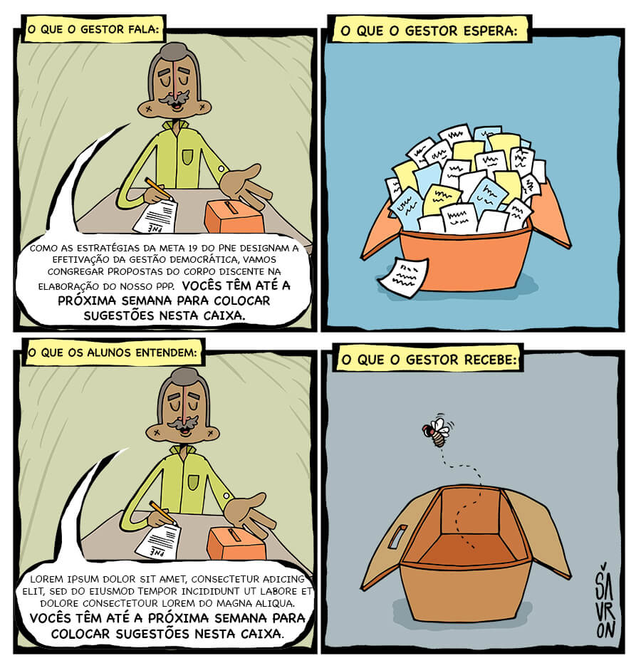 charge de gestor dizendo que segundo as estratégias da meta 19 do pne designaram... vocês tem até a sexta feira para colocar sugestões na caixa de pedidos. O que ele espera? desenho da caixa cheia de pedidos. O que os alunos entenderam: bla bla bla vocês tem até a sexta feira para colocar sugestões na caixa de pedidos. O que o gestor recebe ? desenho de caixa vazia.