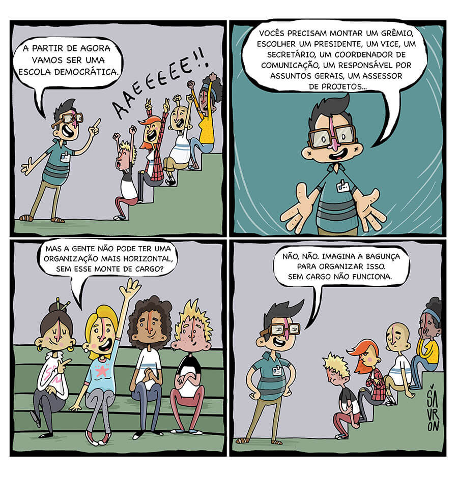 charge de professor conversando com alunos na quadra avisando que agora a escola seria democratica, e que eles deveriam escolher os alunos que seriam presidente, vice-presidente, secretário, coordenador. Uma aluna sugere que uma organização mais horizontal sem esse monte de cargo e o professor disse que não.