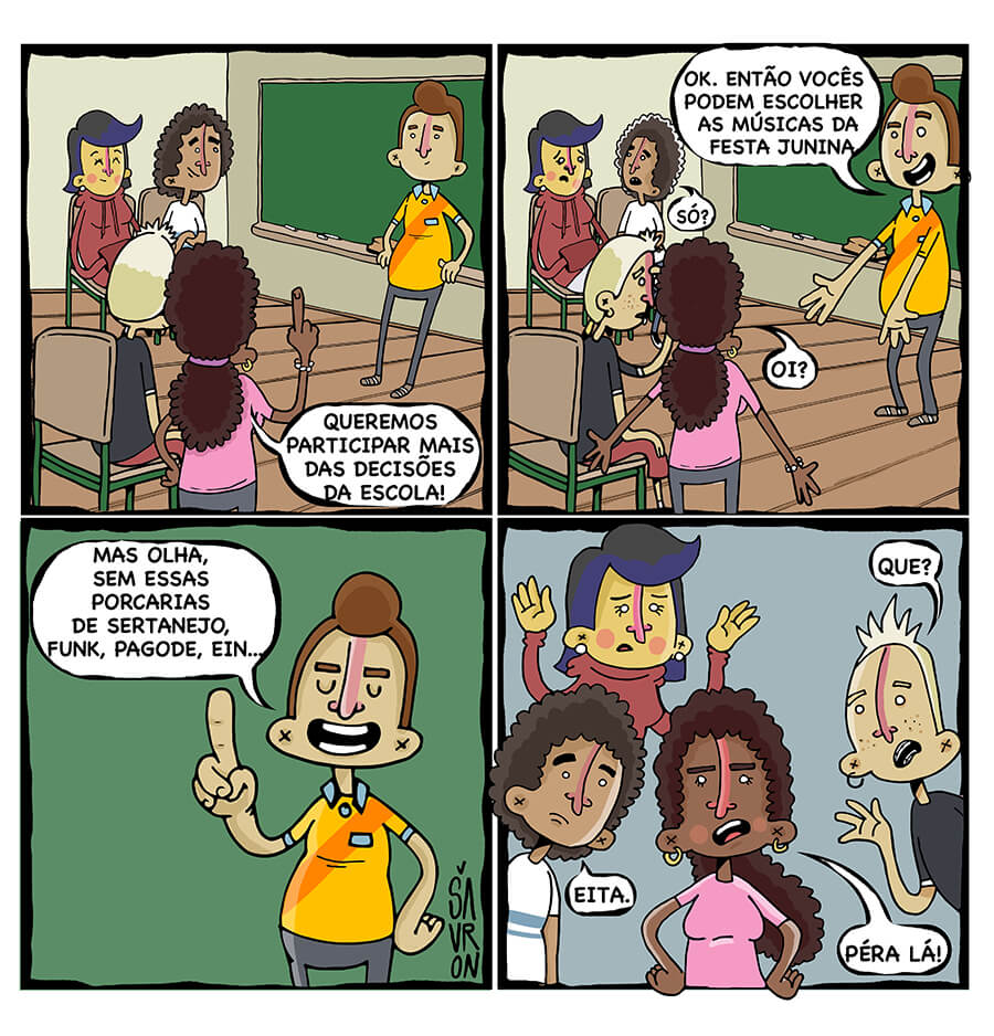 charge de crianças em sala de aula pedindo para participar nas decisões da escola com professor. E professor respondendo que eles poderiam escolher as músicas da festa junina da escola.
